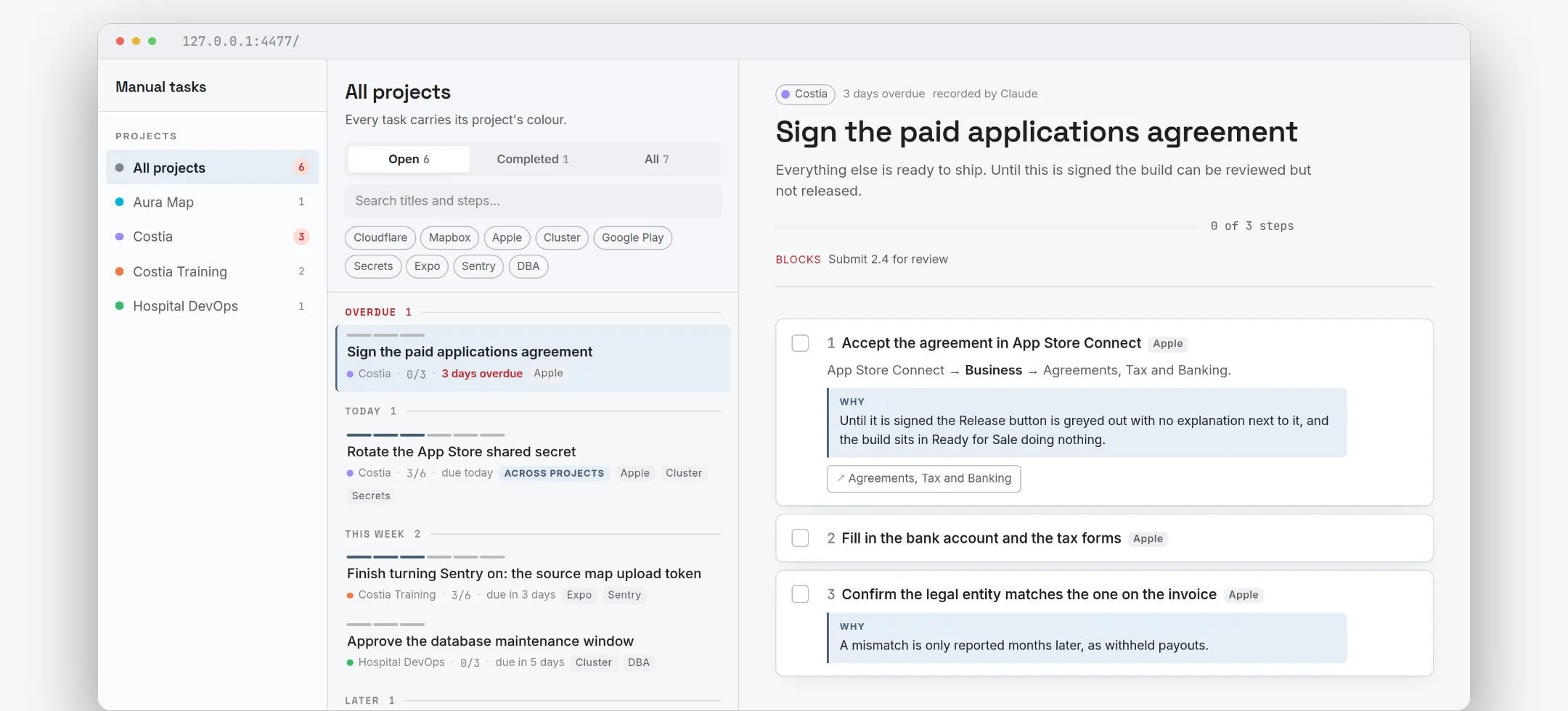 A task board showing pending manual work grouped by project.